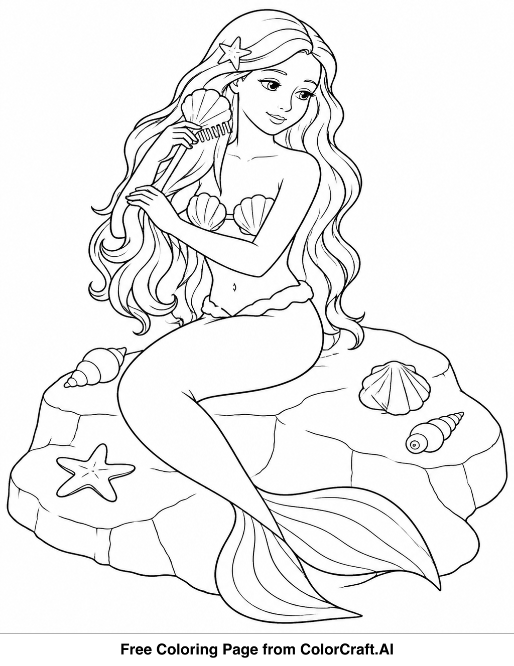 Line drawing of a mermaid with long hair sitting on rocks, combing her hair, with seashells around her.