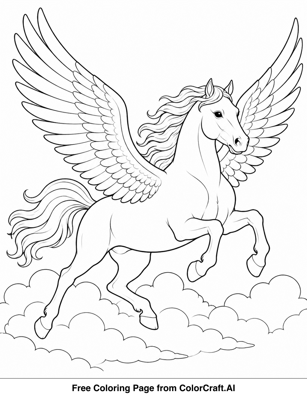 Line drawing of a mythical winged horse galloping through clouds, with detailed wings spread wide.