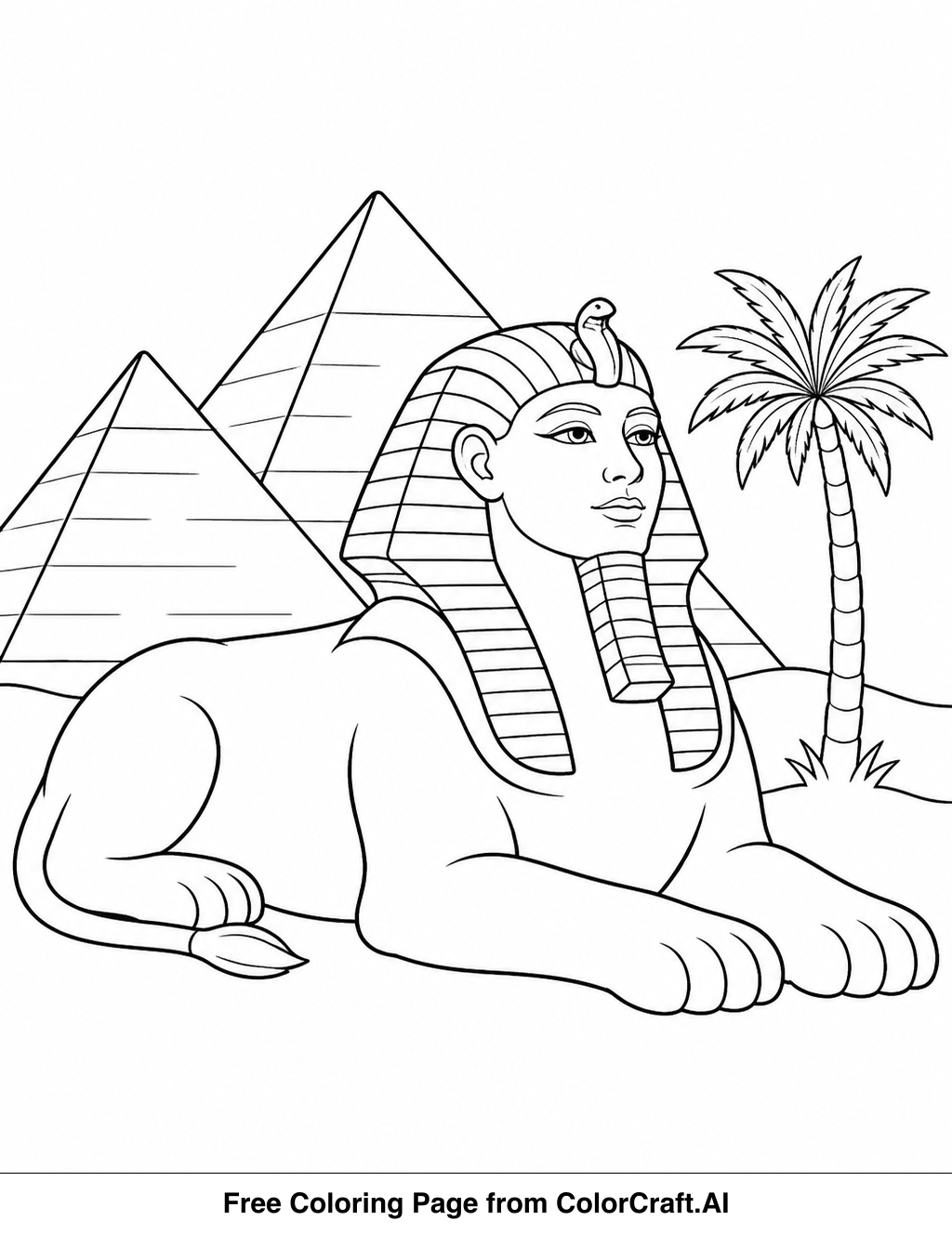 Line drawing of a mythical sphinx sitting by ancient pyramids, with a small palm tree nearby.
