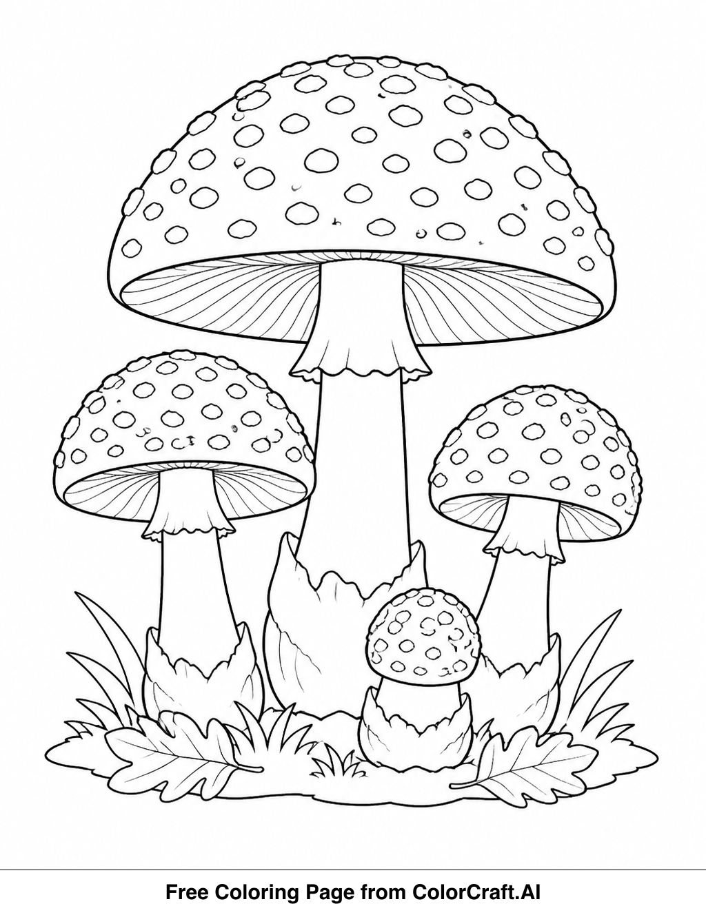 Line drawing of a cluster of Amanita muscaria mushrooms with distinct caps and stems, set against a forest floor background.