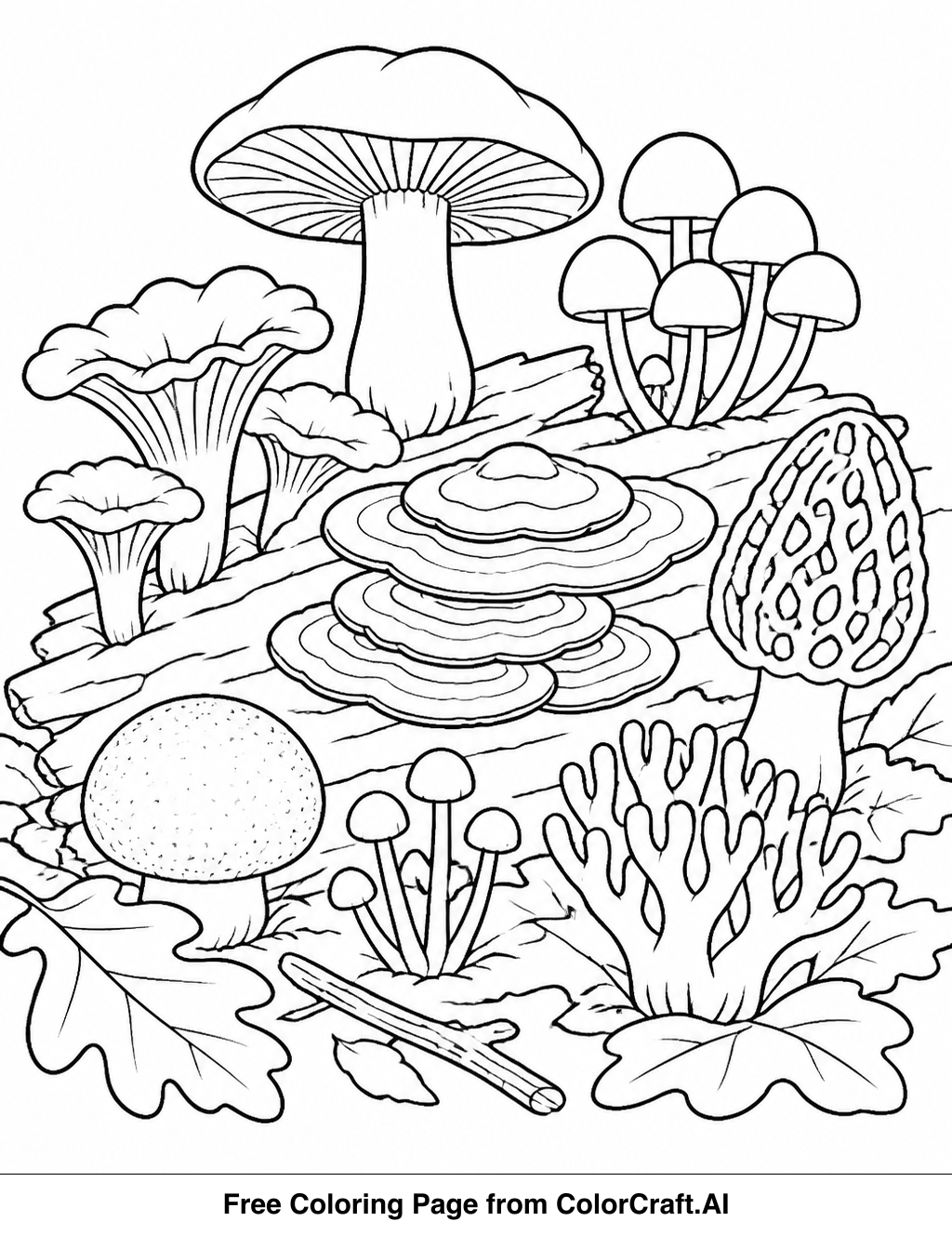 Line drawing of various mushrooms and fungi growing on a forest floor with leaves and twigs.