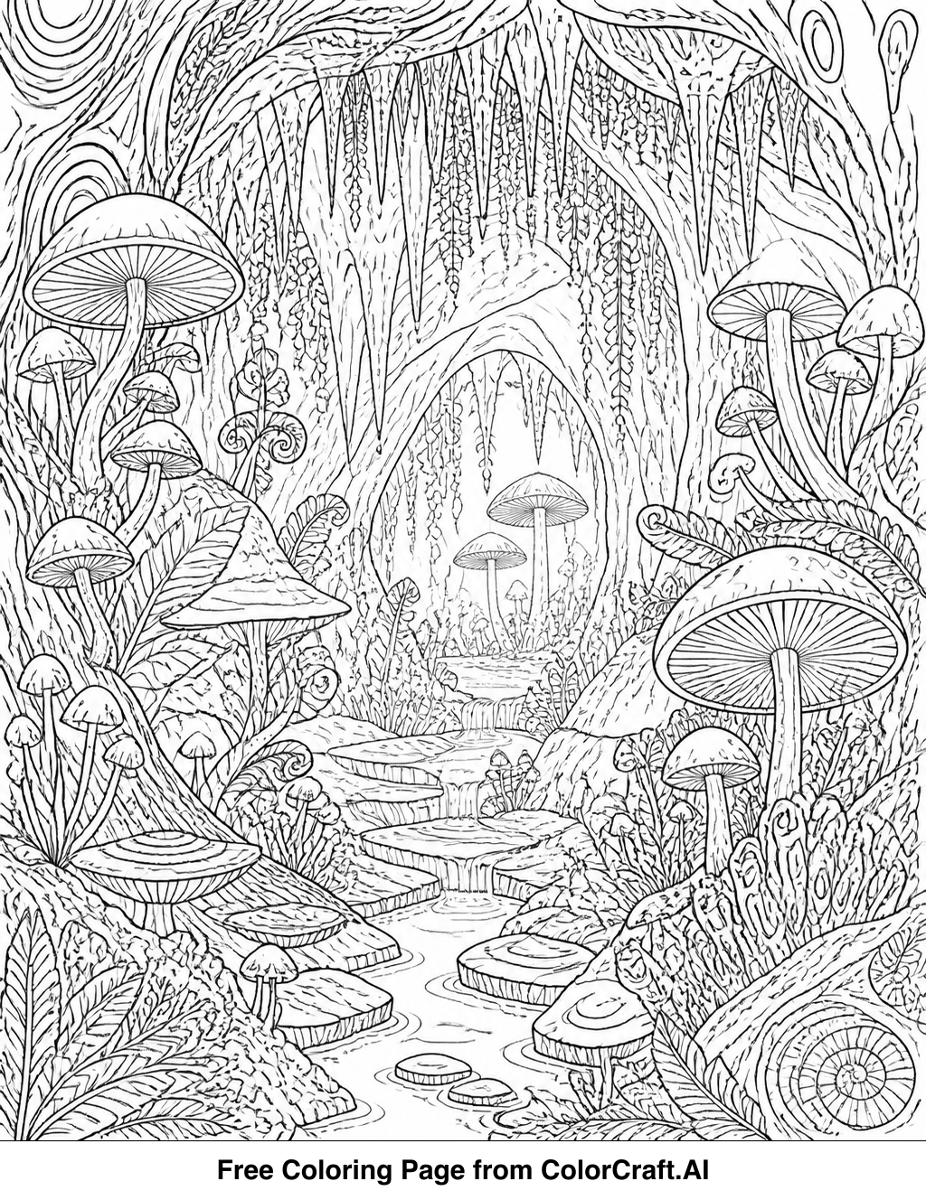 Intricate line drawing of a cave interior with bioluminescent fungi and rock textures.
