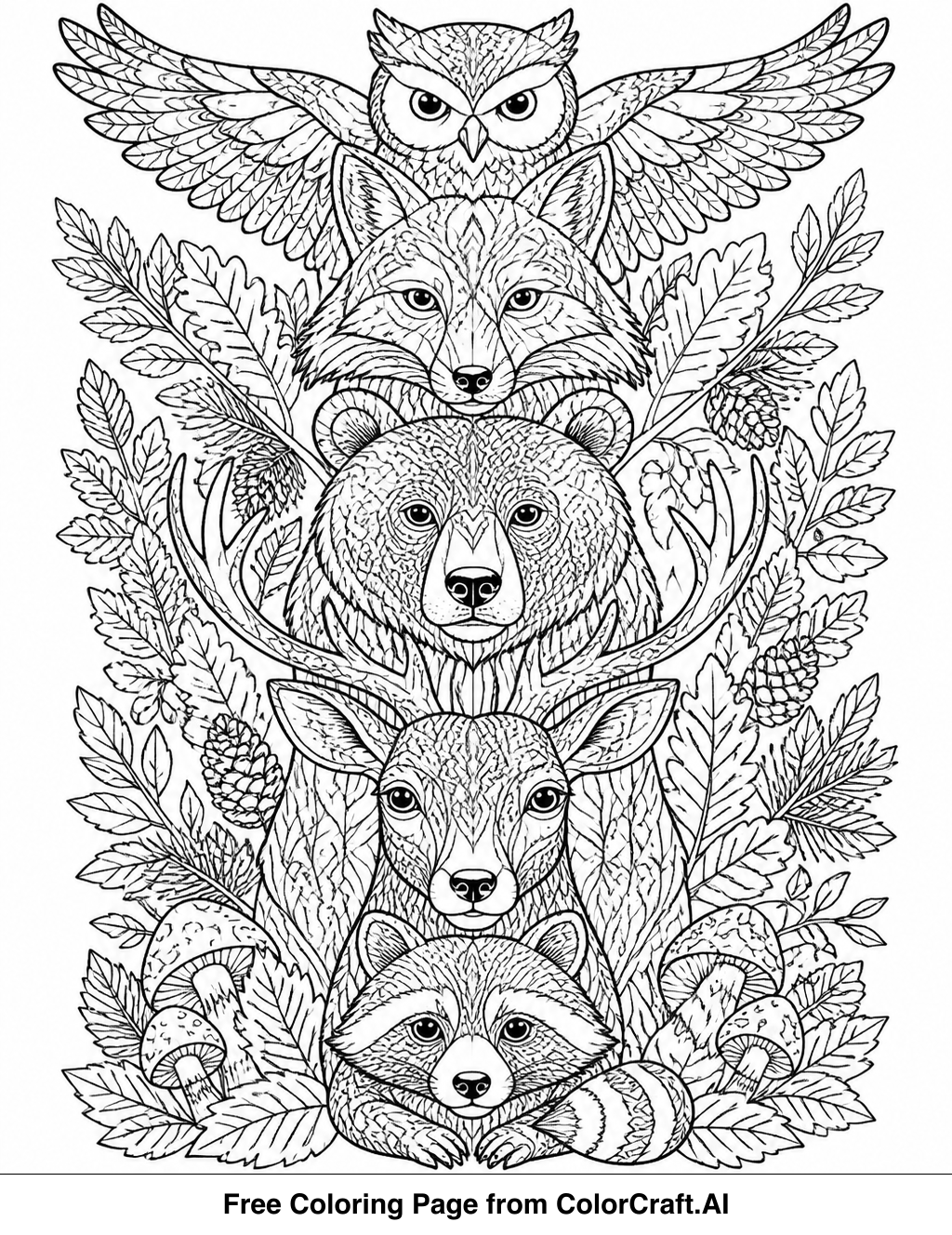 Intricate line drawing of a totem pole with various forest animals stacked, a nature-inspired art piece.