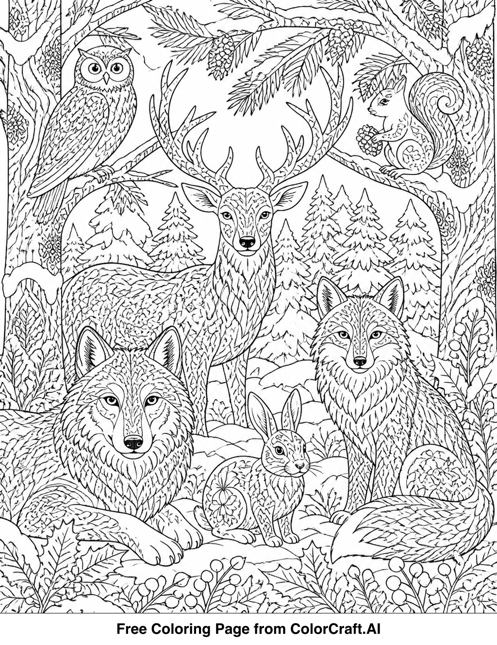 Intricate line drawing of forest animals like a deer, fox, and rabbit in a snowy woodland setting.