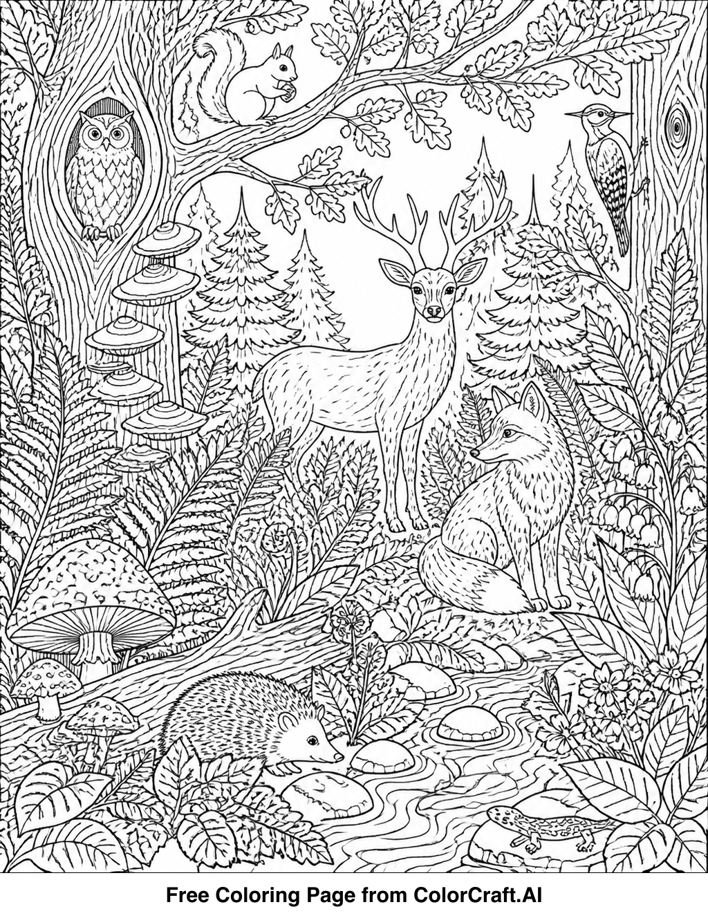 Intricate line drawing of a forest ecosystem with trees, plants, and small creatures for coloring.