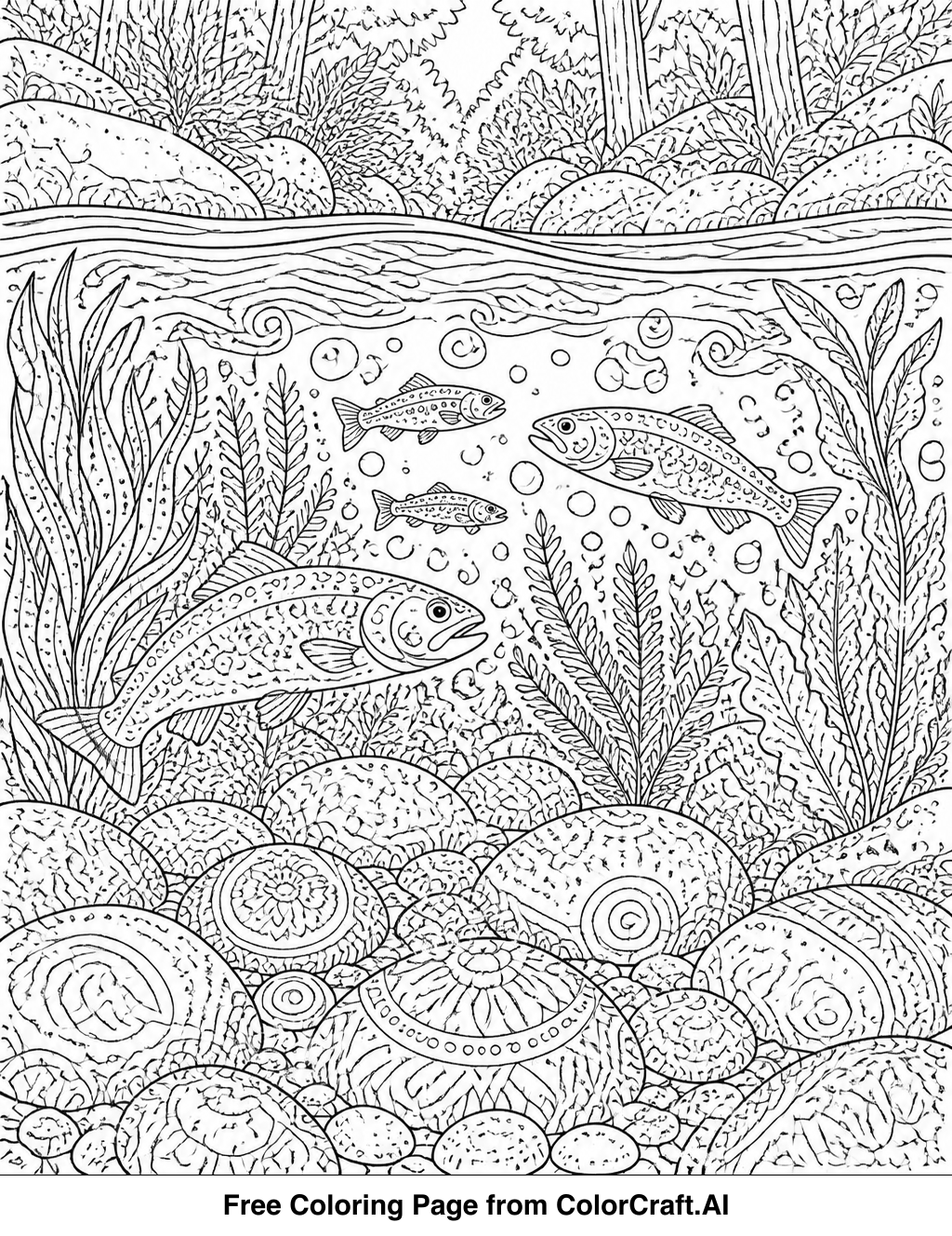 Line art drawing of a forest stream flowing underwater with plants and small creatures visible.