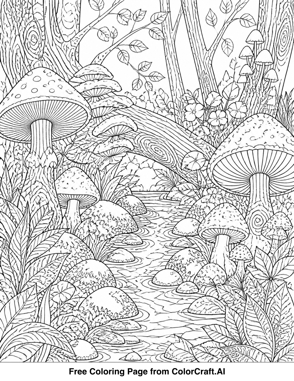 Line drawing of a forest scene with various mushrooms and a winding stream, perfect for coloring.