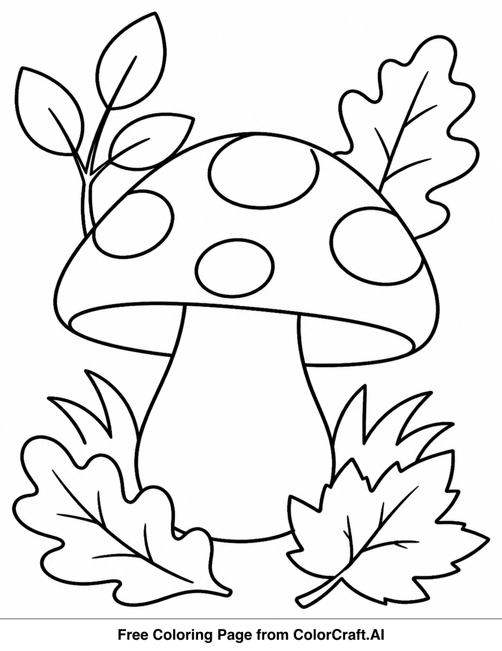 Simple line drawing of a happy mushroom with a wide cap and stem, surrounded by autumn leaves.