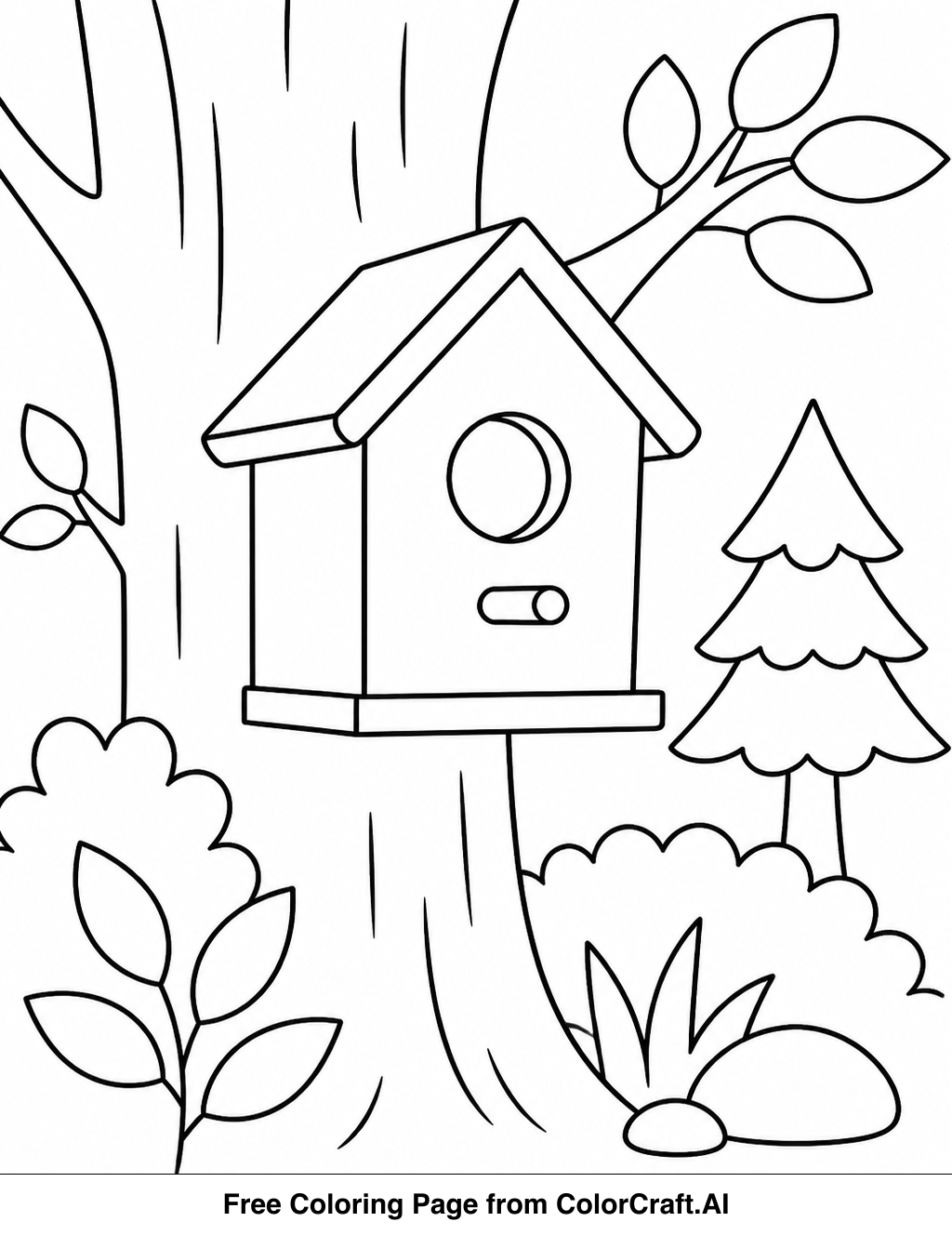Line drawing of a simple birdhouse in a forest setting, ready for coloring.