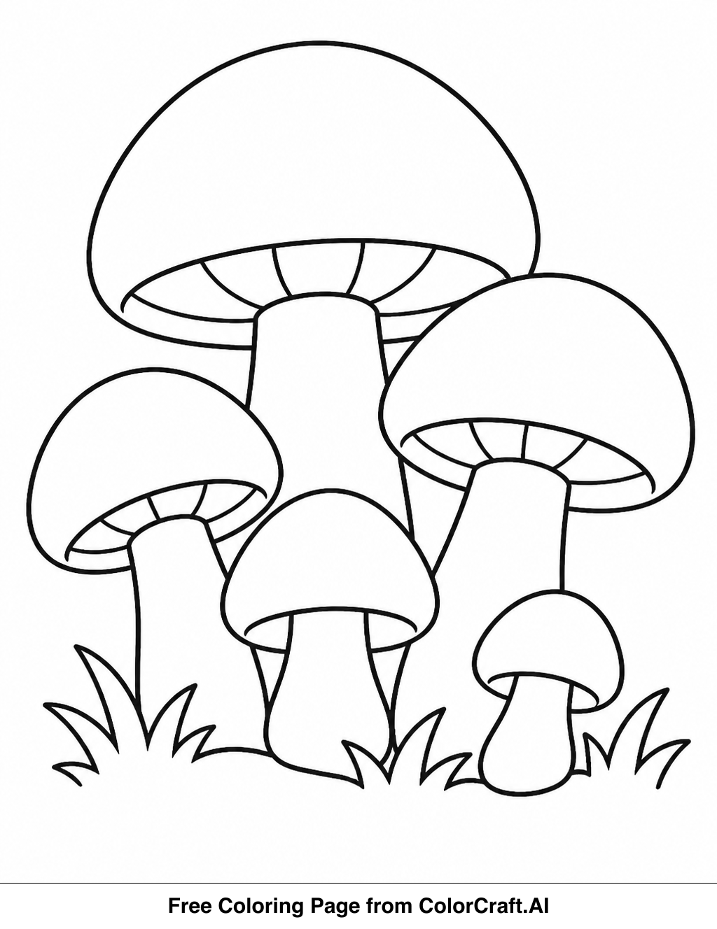 Line drawing of a group of mushrooms of different shapes and sizes on the forest floor.