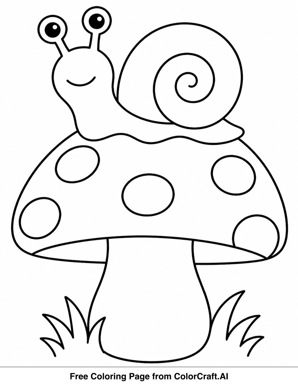 Line drawing of a cute snail resting on a mushroom, perfect for a simple coloring activity.