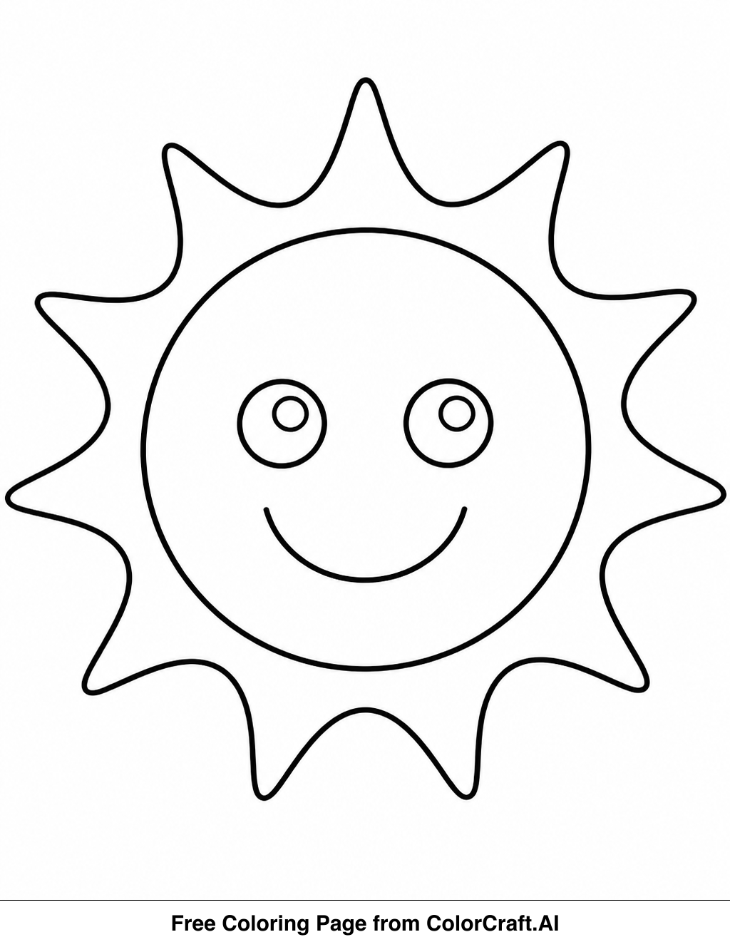 Line drawing of a happy, smiling sun with rays extending outwards, perfect for coloring.