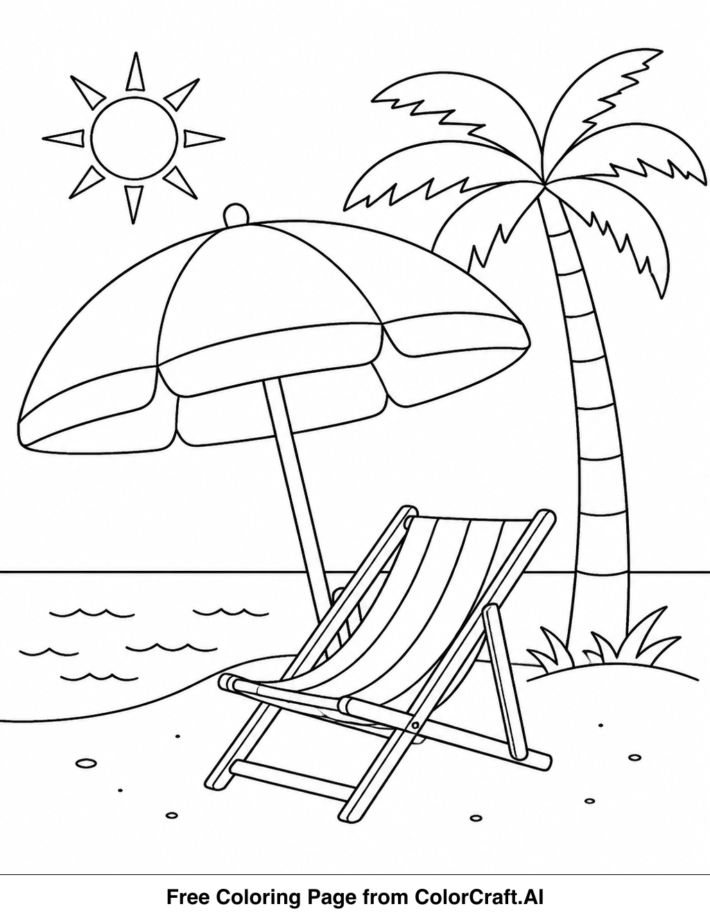 Line drawing of a sunny beach with ocean waves, sand, and perhaps some seagulls flying overhead.