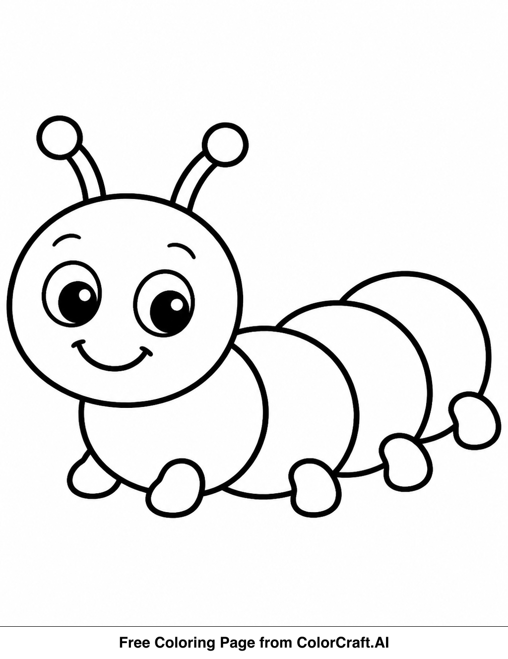 Line drawing of a happy caterpillar with many legs crawling on a big leaf for coloring.