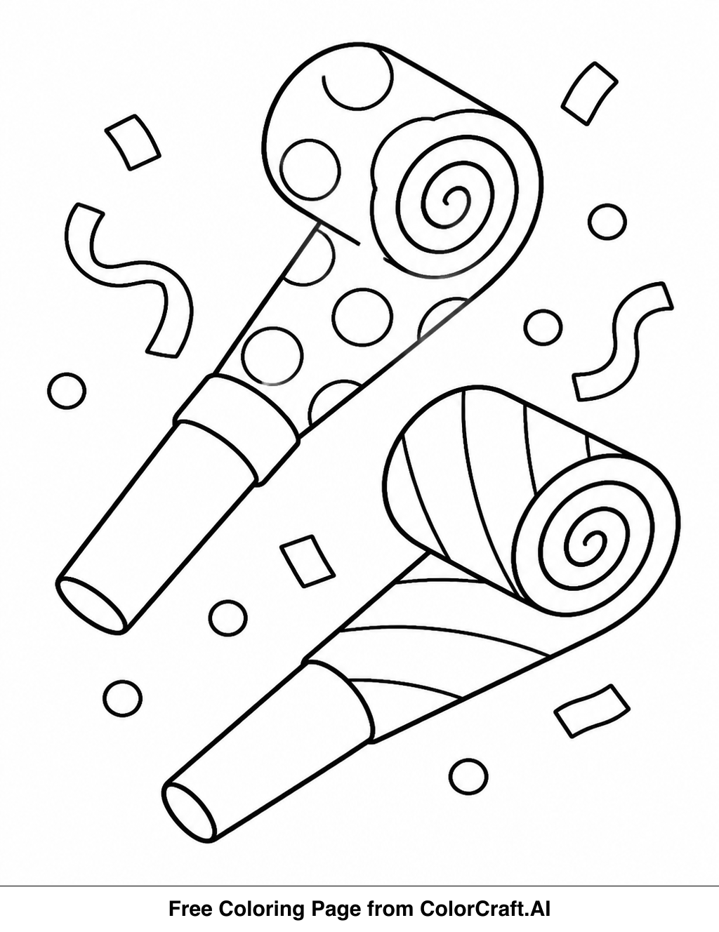 Line drawing of various party noisemakers, including horns and rattles, ready to be colored.
