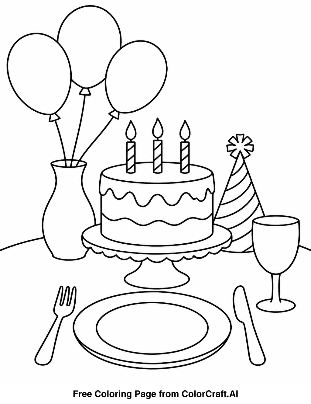 Line drawing of a decorated table with plates, glasses, and festive New Year's decorations.