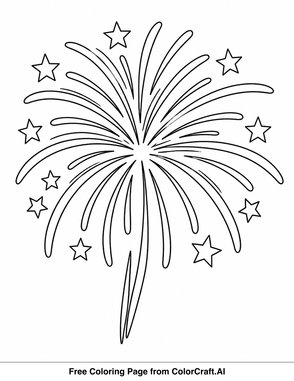Line art drawing of a dynamic firework pattern with bursting shapes and starbursts, ready for coloring.