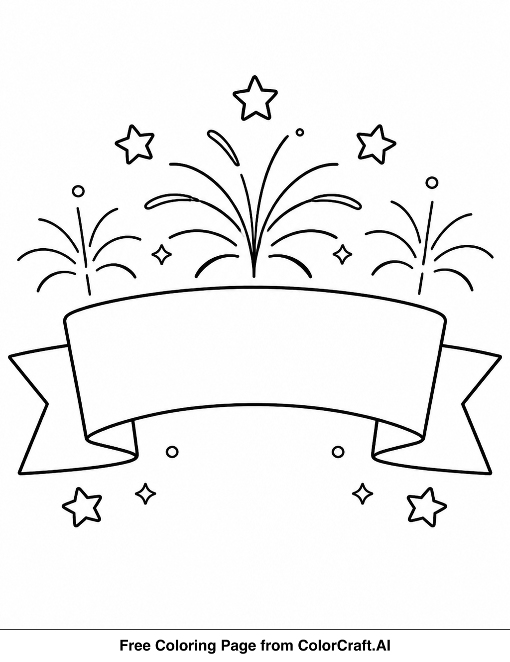 A simple line drawing of a 'Happy New Year' banner with decorative elements, ready for coloring.