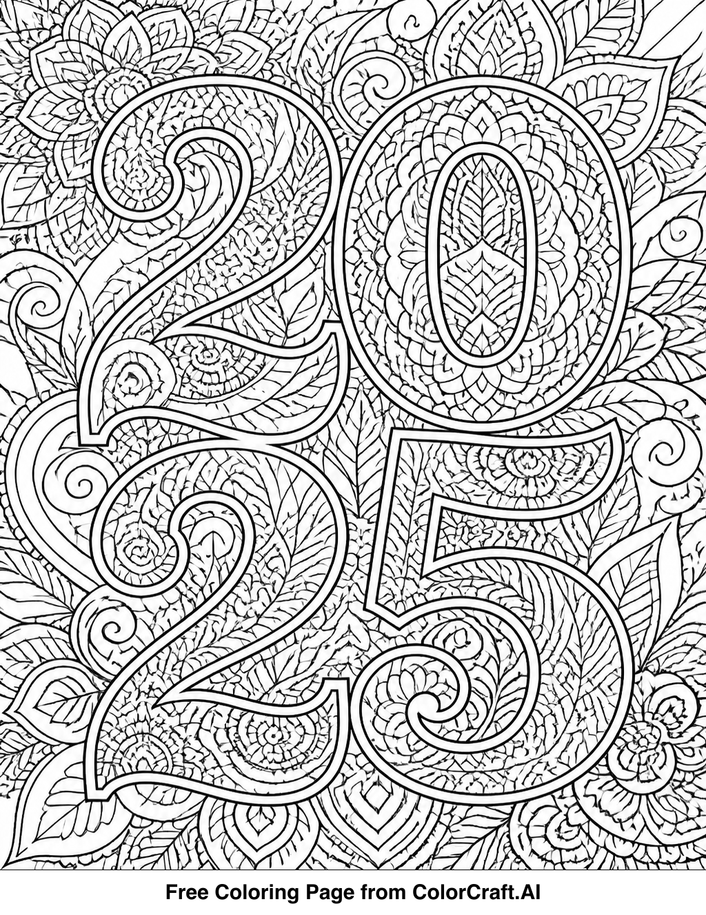 Intricate line art design of decorative year numbers for a New Year's celebration, perfect for coloring.