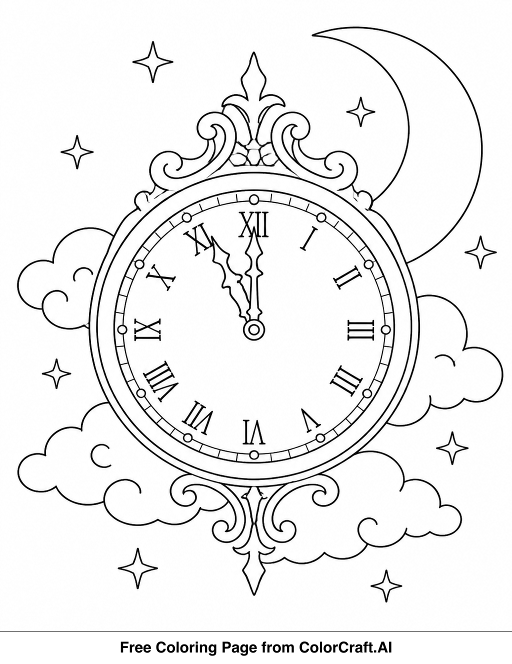 Line drawing of a fantasy clock face with ornate hands pointing to midnight, surrounded by magical swirls.