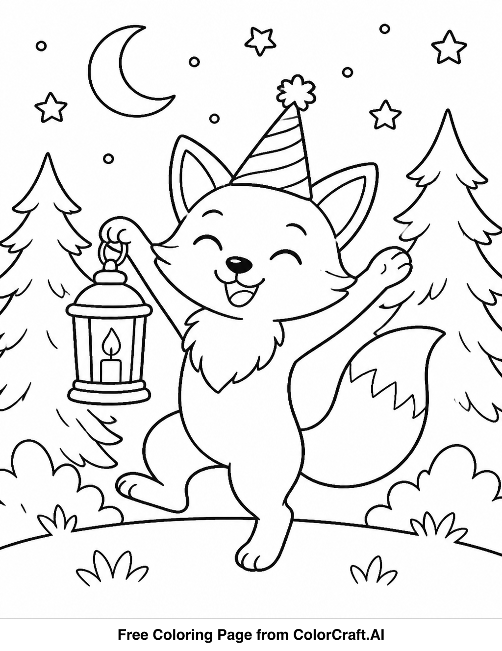 Line drawing of a forest scene with animals celebrating the new year at midnight.