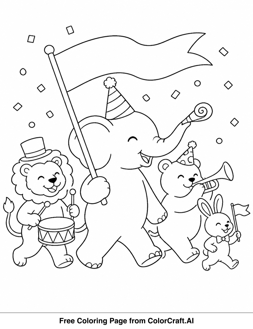 Line drawing of various animals in a parade, ready for coloring, celebrating the new year.