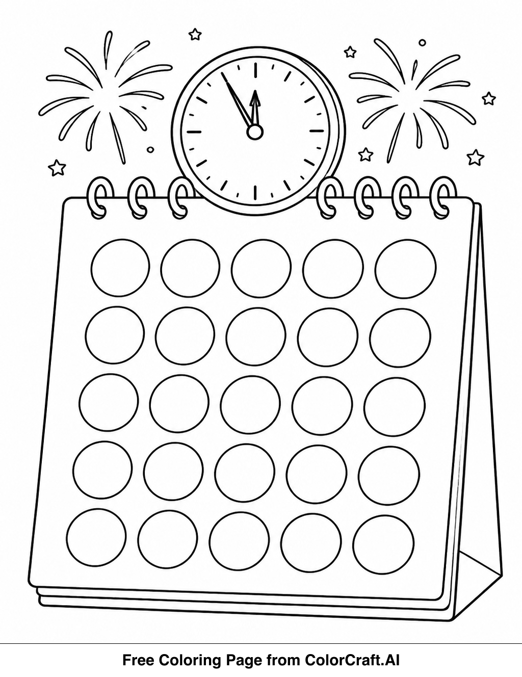 Line drawing of a festive New Year countdown calendar with spaces for each day leading up to the celebration.