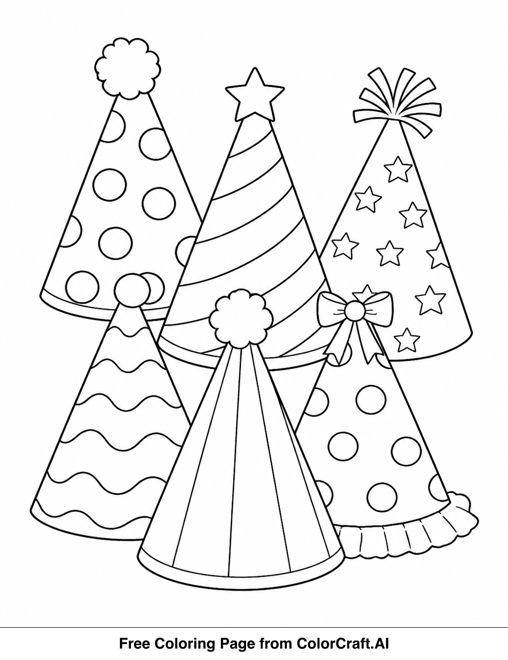 Line drawing of various celebratory party hats with different shapes and patterns for coloring.