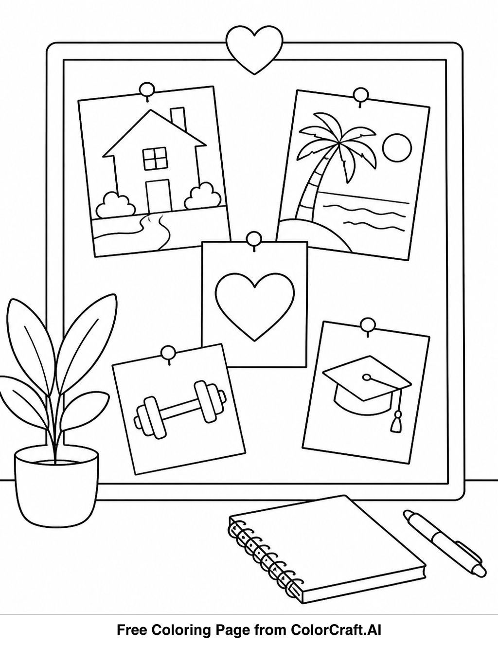 Outline drawing of a blank vision board with spaces for goals, dreams, and aspirations for the new year.