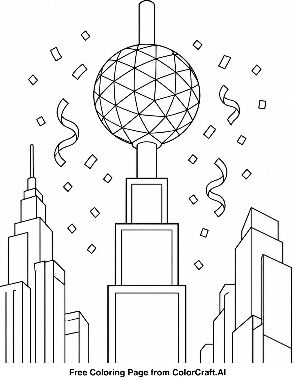 Line drawing of the Times Square New Year's Eve ball drop celebration with crowds and buildings.