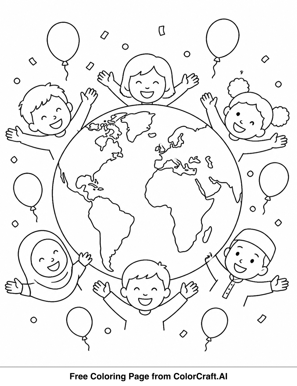 Line drawing of a world map with various global landmarks and festive elements representing New Year's Eve.