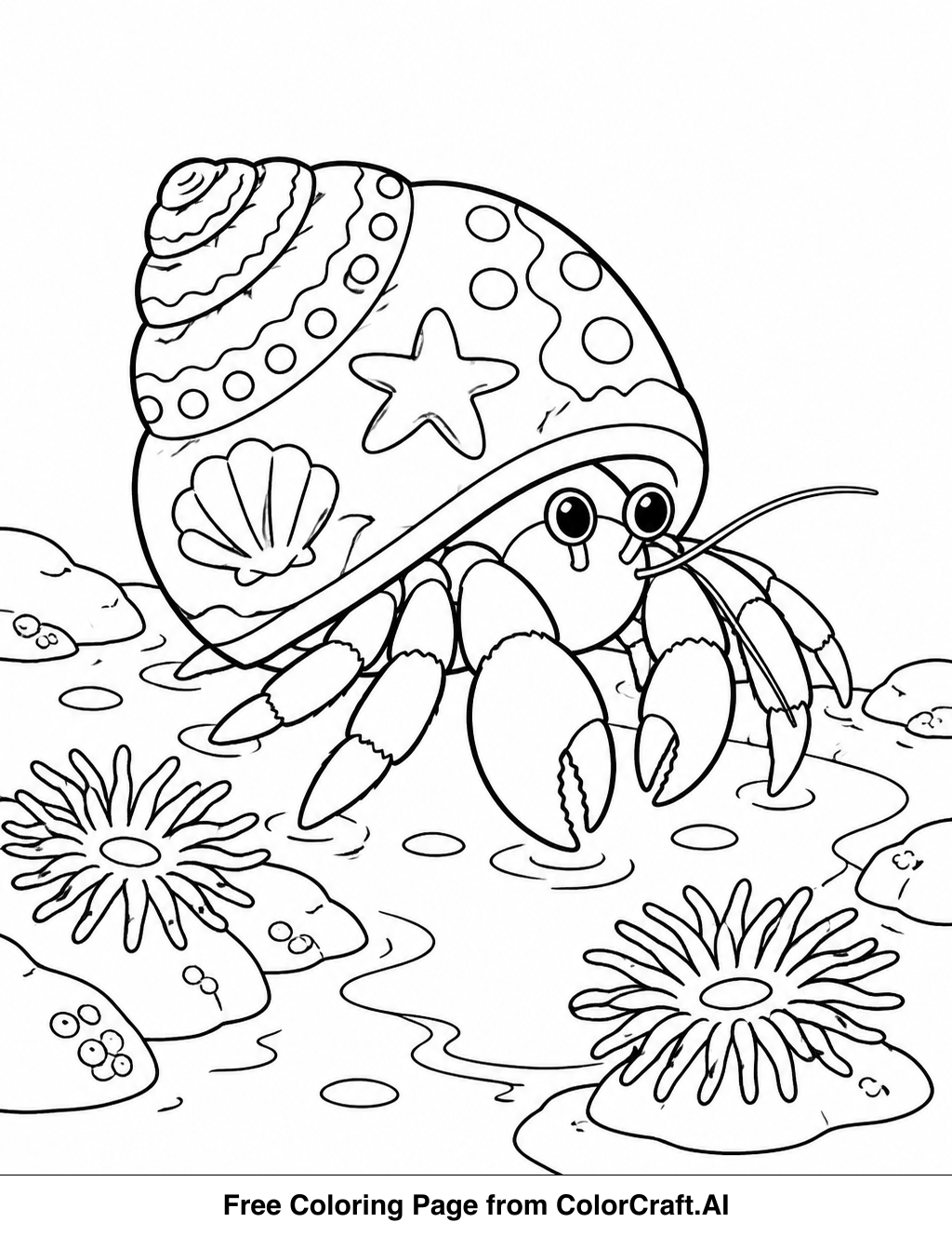 Line drawing of a hermit crab with a decorated shell walking in a tide pool with sea anemones.
