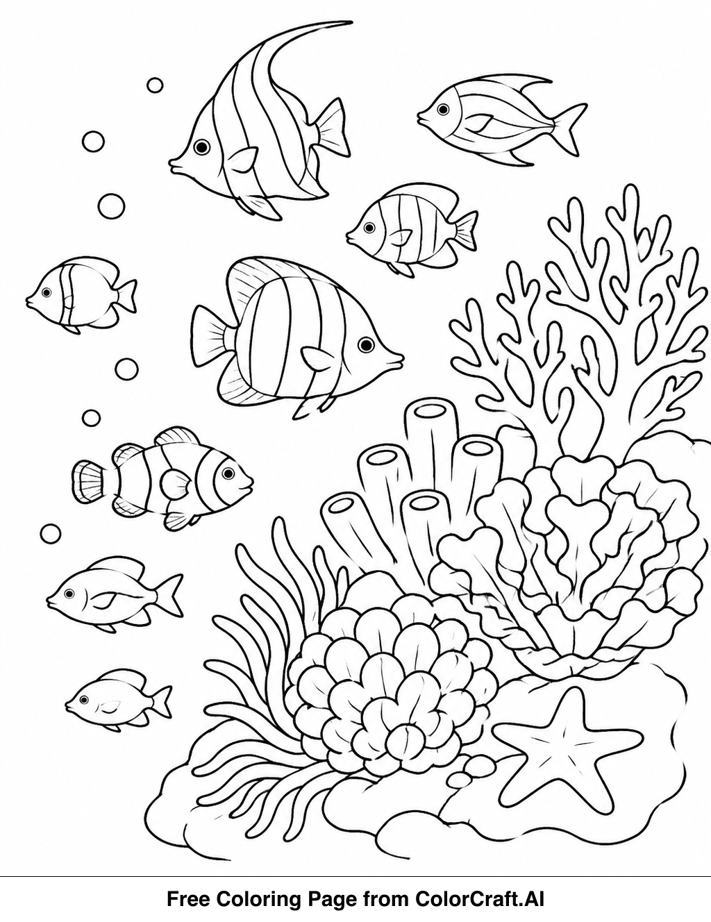 Line drawing of a school of tropical fish swimming around a detailed coral reef formation underwater.