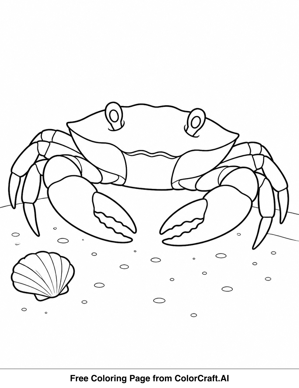 Line art drawing of a crab with claws raised, walking on a sandy beach with a simple wave.