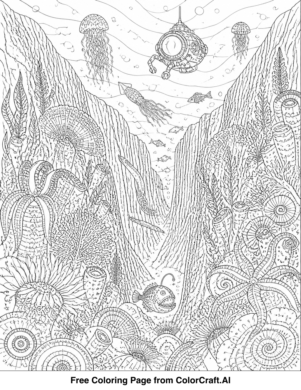 Intricate line drawing of a deep ocean trench with unique marine life and rock formations.
