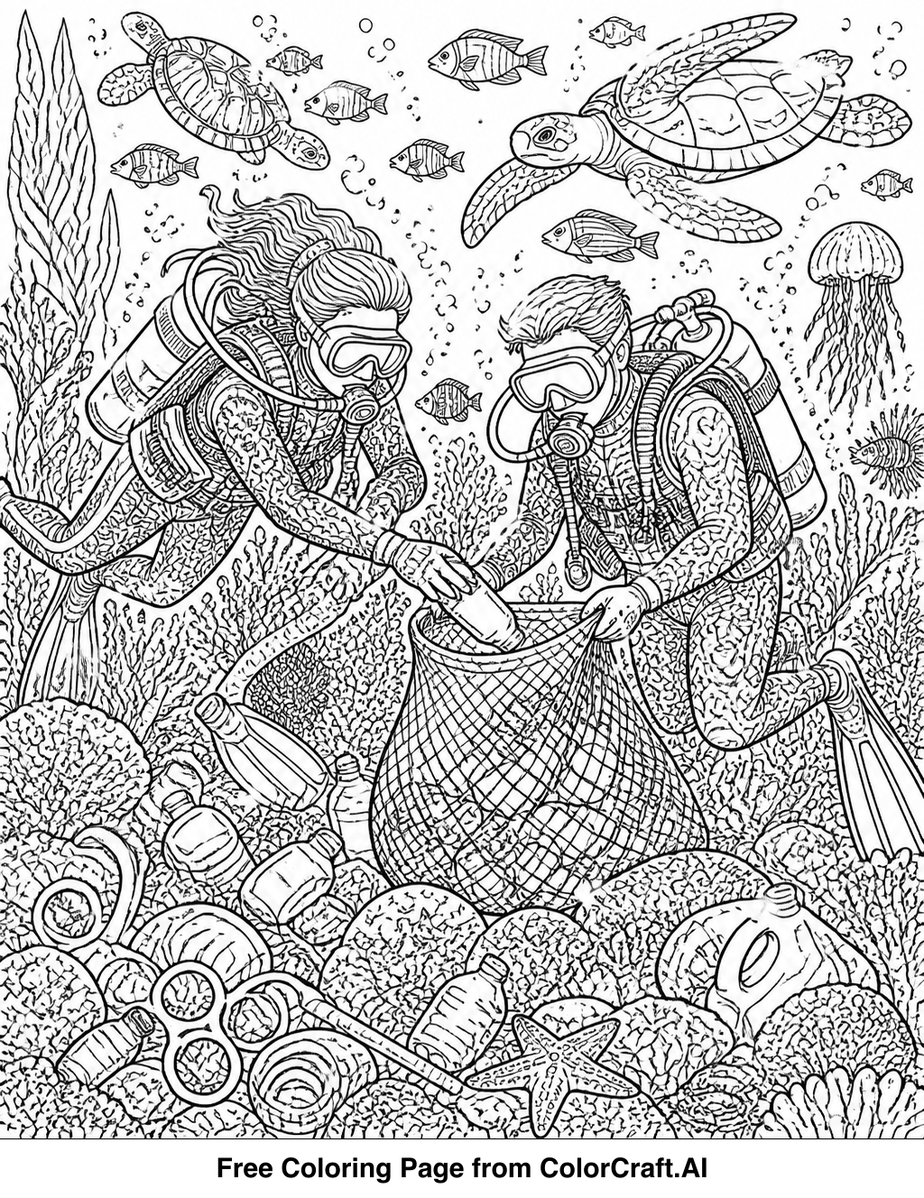 Line drawing of divers collecting trash underwater, showing a detailed marine environment.
