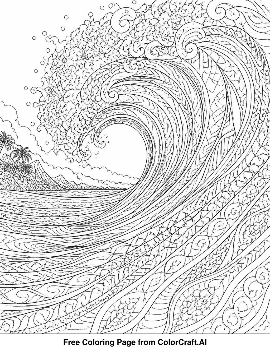 Intricate line drawing of a powerful oceanic wave forming a barrel shape, ready for coloring.