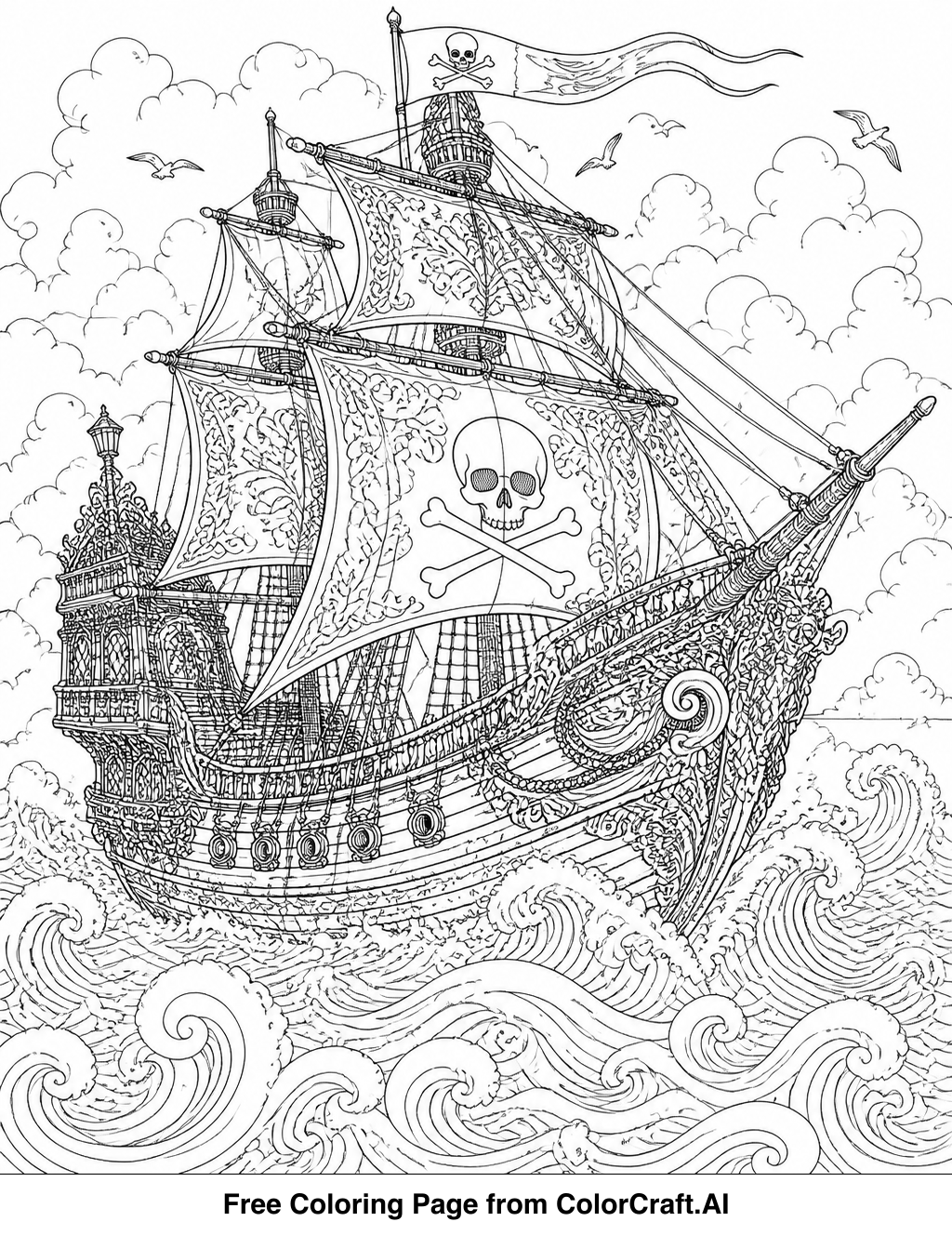 Intricate line drawing of a pirate ship with sails unfurled, sailing on the open sea.