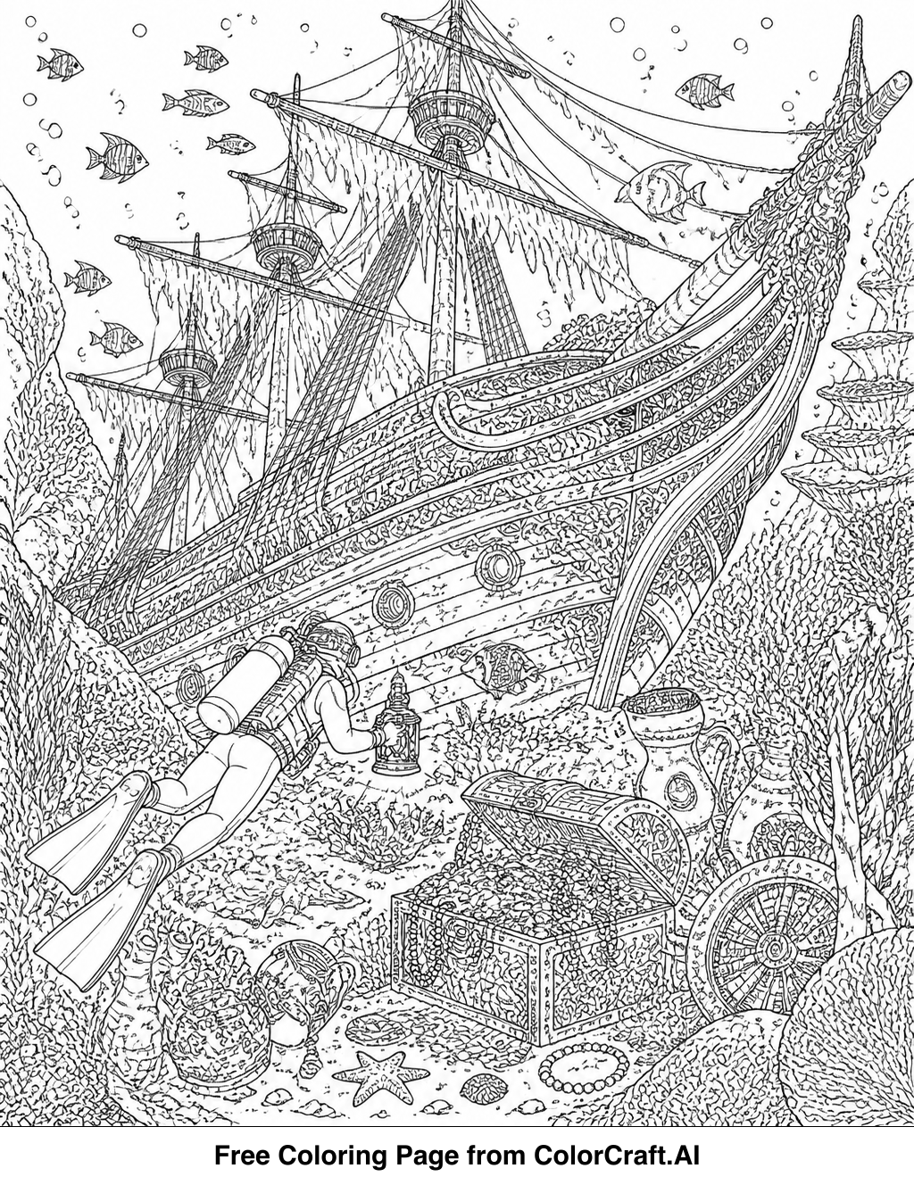 Intricate line drawing of an old shipwreck resting on the ocean floor, surrounded by marine life.