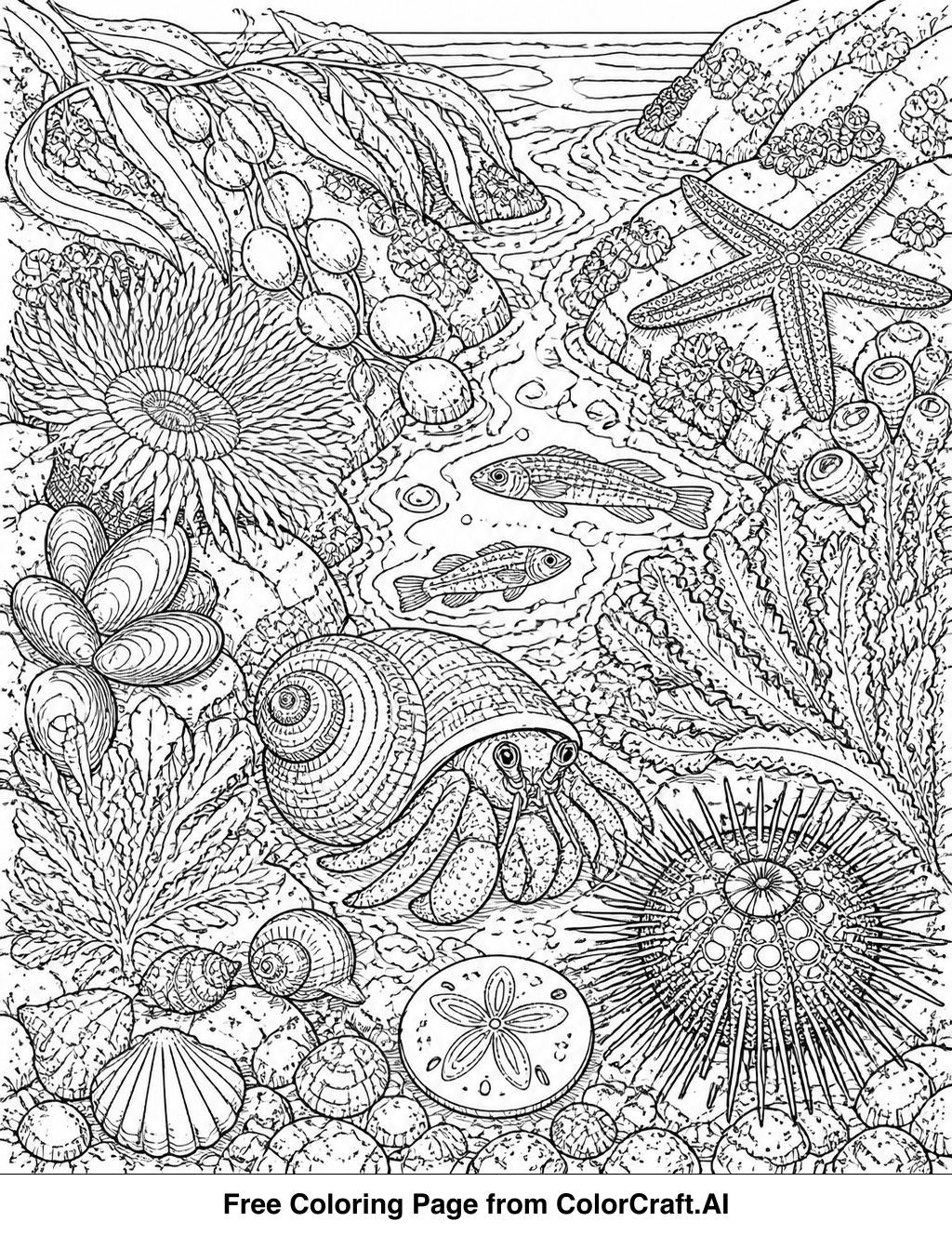 Intricate line drawing of a tide pool ecosystem with various sea creatures and plants.