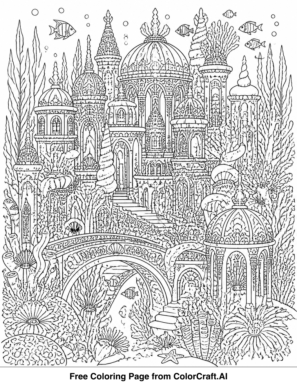 Intricate line drawing of a detailed underwater city built from coral formations and marine elements.