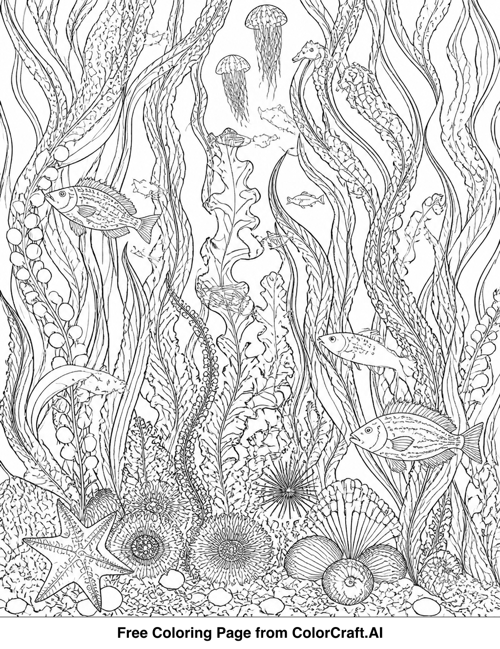 Line drawing of a detailed underwater kelp forest with various plants and sea creatures.