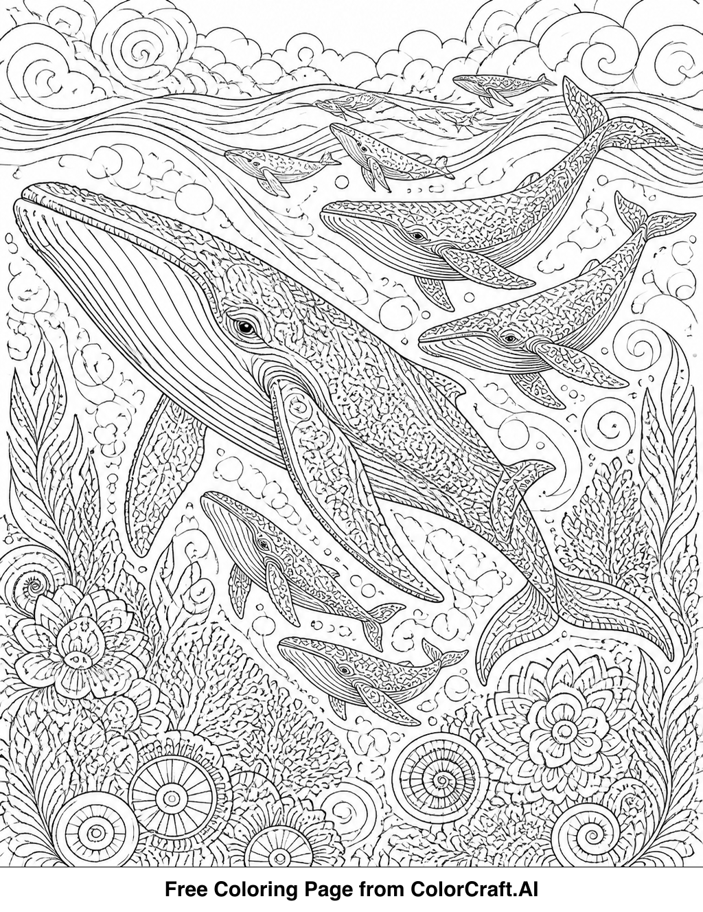 Line drawing of a large whale swimming gracefully through the ocean with smaller sea creatures around it.