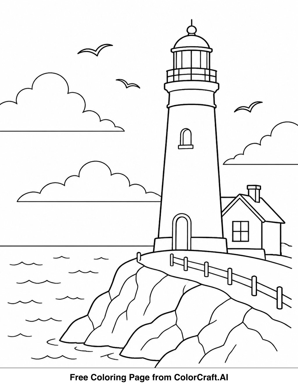 Line drawing of a lighthouse on a cliff with waves crashing below, perfect for coloring.