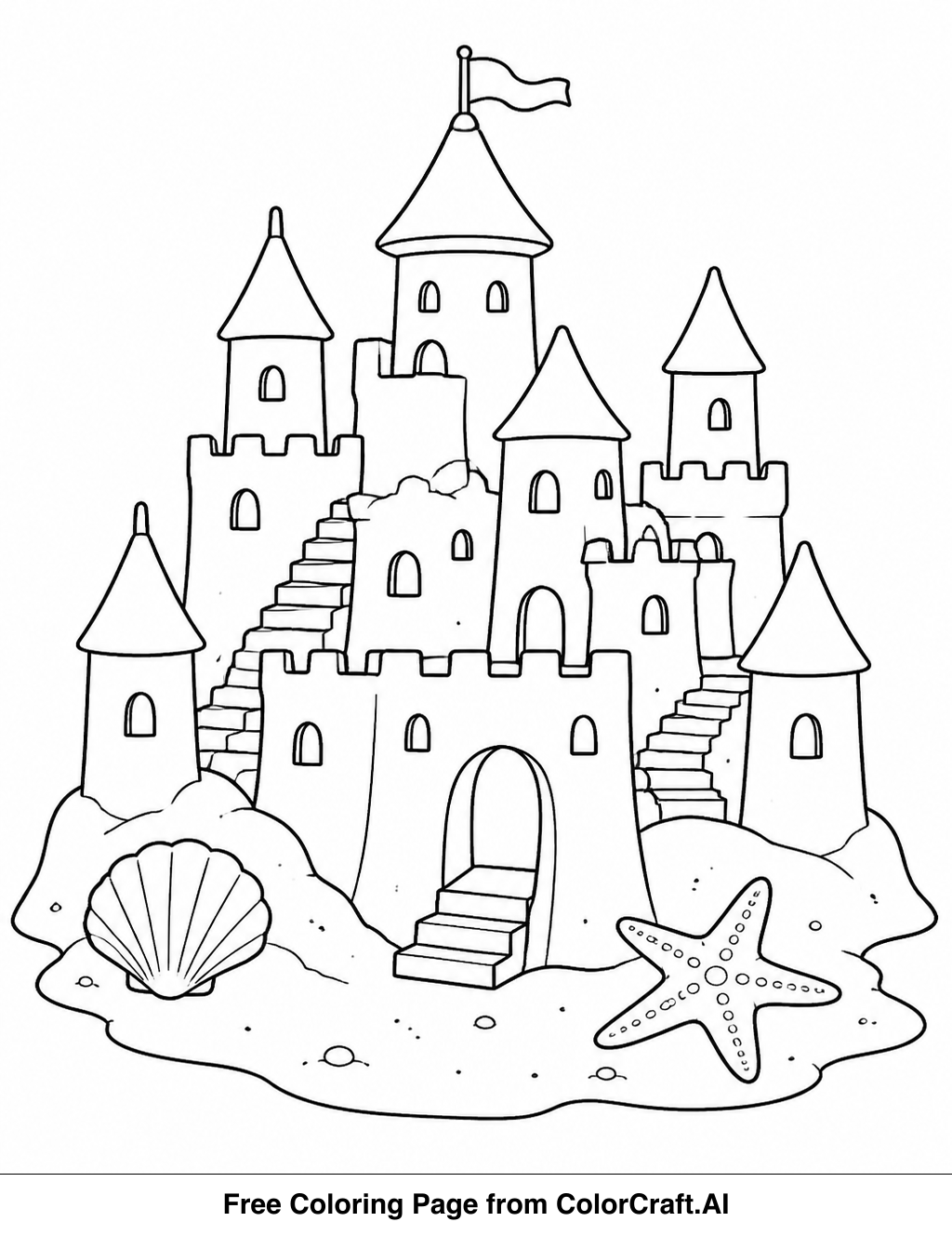 Line drawing of a detailed sandcastle village with many towers, walls, and pathways for coloring.