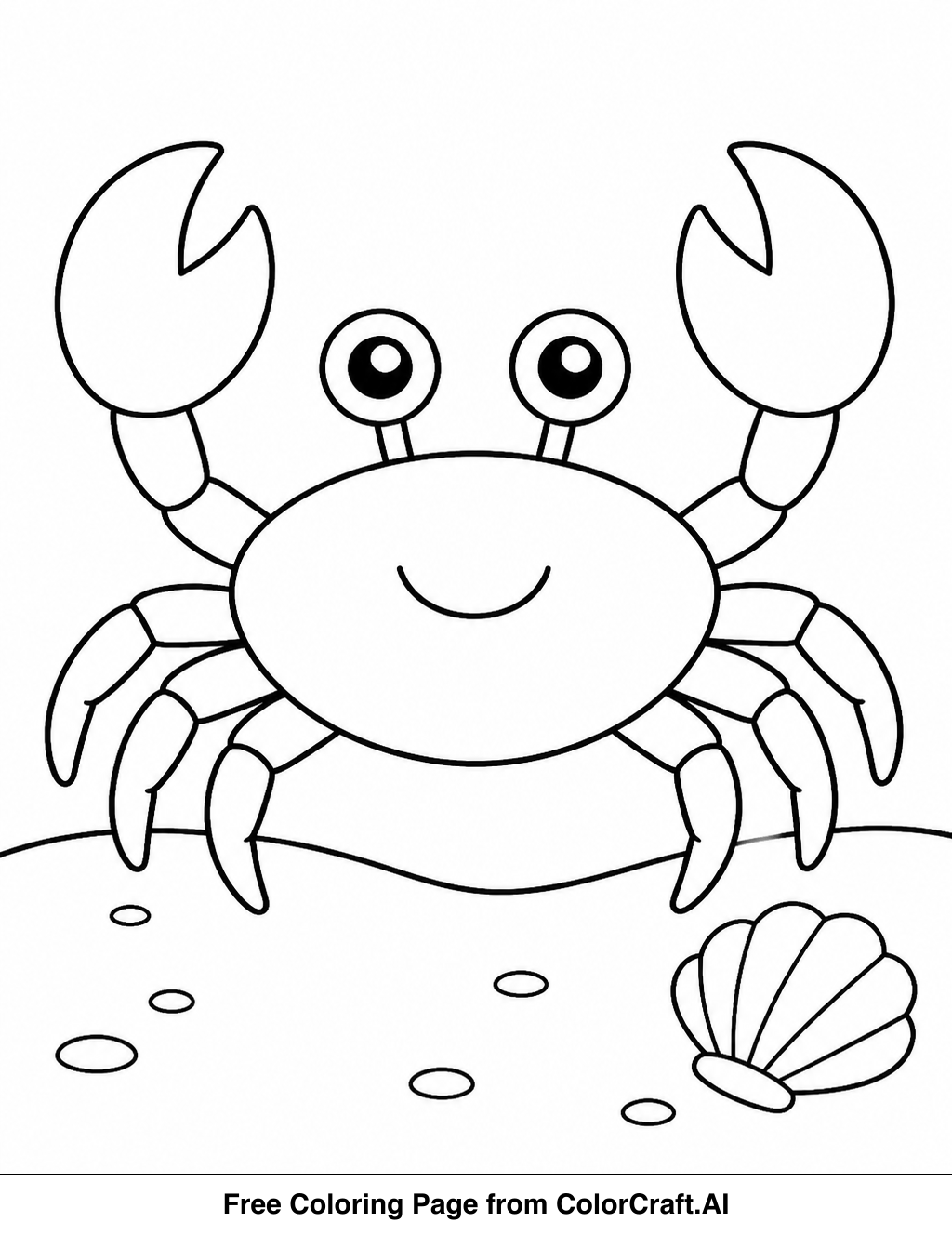 Line drawing of a simple crab with claws raised, standing on a sandy beach.