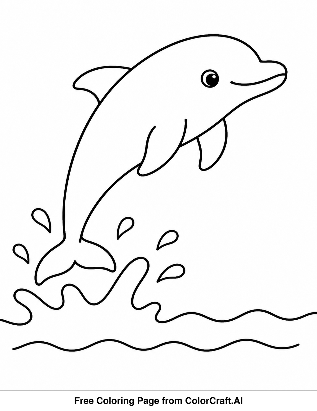 Line drawing of a happy dolphin jumping high out of the ocean waves.