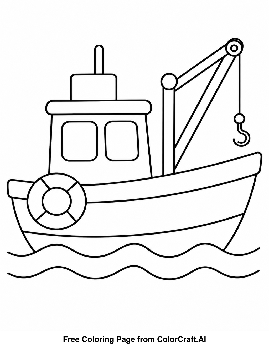 Line drawing of a fishing boat with a simple cabin and a mast on the open sea.