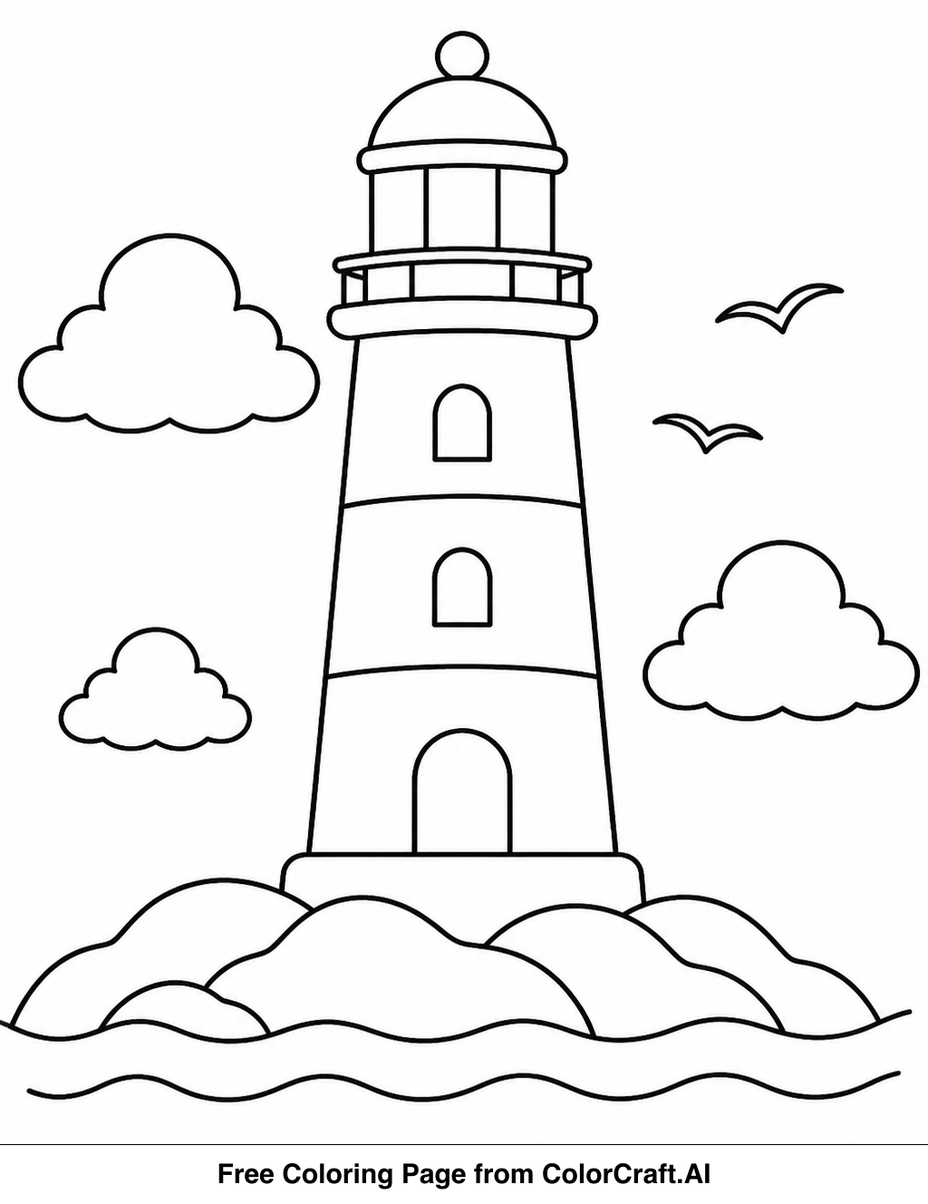 Line drawing of a lighthouse on a cliff by the sea, with waves below.