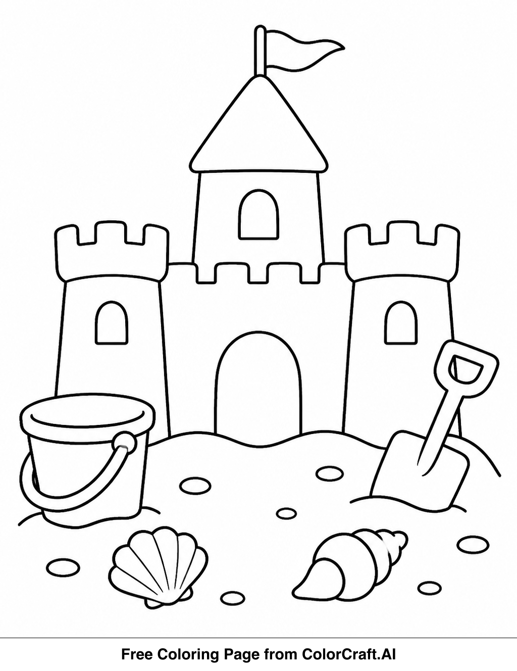 Line drawing of a simple sandcastle with a flag on top, ready to be colored.
